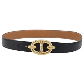 Hermès Cinto HERMES Chaine d Ancre Leather 30.3"" 65 Gold Black Auth 205053M
