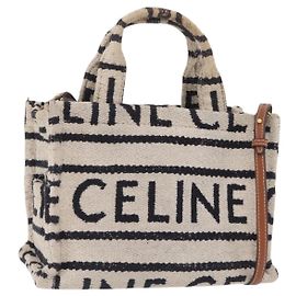 Céline CELINE Small Cabas Tice Hand Bag Canvas 2way White Gold Auth BA15751