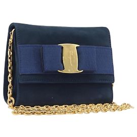 Bolsa de Ombro Salvatore Ferragamo Vala Chain em camurça azul marinho e dourado Auth 207538