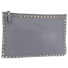 Borsa a Pochette Valentino Rock Studs in Pelle Grigia Oro Auth 206788A