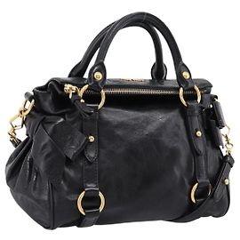 Bolsa de mão Miu Miu com laço lateral em couro 2way Preto Dourado Auth am12763M