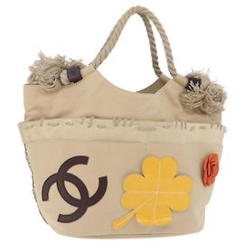 CHANEL Tote Bag Canvas Beige Brown CC Auth 206605