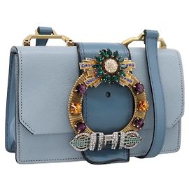 Borsa a tracolla Miu Miu Madras in pelle azzurro tono oro Auth ka6472V
