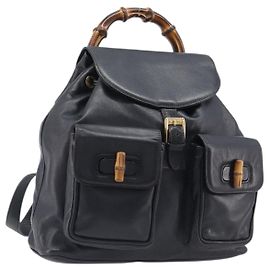 GUCCI Bamboo Backpack Leather Black Gold Tone 003 38 0016 Auth mr3026A