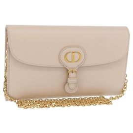 Christian Dior Dior Bobby Chain Shoulder Wallet Leather Beige Gold Auth LN085M