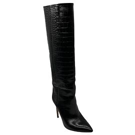 Botas altas de salto alto em couro gofrado preto Paris Texas