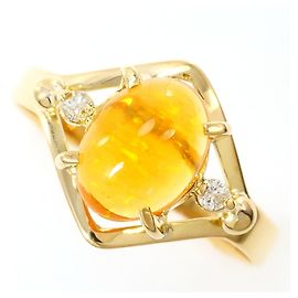 Autre Marque Anello a fascia in oro giallo 14K con diamante e opale