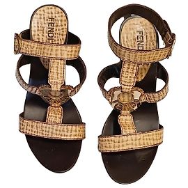 Fendi Beige and Brown Leather Heeled Sandals