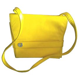 Charles Jourdan BOLSO en hermoso CUERO amarillo y Correa de Hombro Fina CON un CINTURÓN Fino y largo pequeños pies de latón dorado