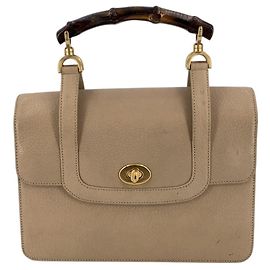 Gucci Vintage Beige Leder-Satchel mit Drehverschluss und Bambus-Henkel