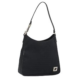 FENDI Zucchino Canvas Shoulder Bag Black Silver
