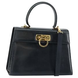 Salvatore Ferragamo Bolso de Mano Gancini Cuero 2way Navy Gold