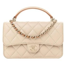 Chanel Phone Holder Flap Bag aus gestepptem Lammleder in Beige und Braun mit Kette und light gold Hardware, 2023