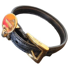 Prada Black Leather Bracelet with Logo Charm