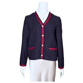 Autre Marque Un Jour Ailleurs Chaqueta de Tweed Azul Marino con Ribete Rojo