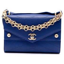 Chanel Blue Small Studded Chevron Calfskin Envelope Double Flap