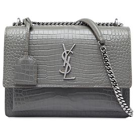 Autre Marque Saint Laurent Gray Medium Croc Embossed Leather Monogram Sunset Crossbody