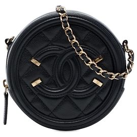 Chanel Black Caviar CC Filigree Runde Clutch mit Kette