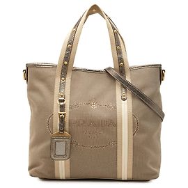 Bolsa Satchel Prada em lona Canapa bege com logo