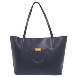 Salvatore Ferragamo Gancini Leather Navy Tote Bag
