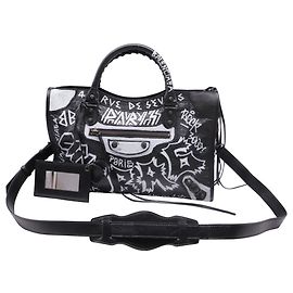 Balenciaga Medium City Graffiti Tote Bag aus schwarzem Lammleder