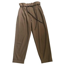 Brunello Cucinelli Pantalones cónicos de lana virgen y algodón con cinturón - Taupe