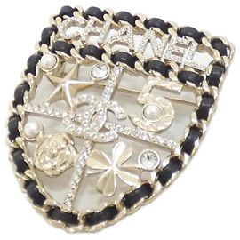 Chanel AB4702 Leather Brooch Black White Gold