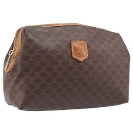 Céline CELINE Macadam Canvas Pouch PVC Leder Braun Gold Auth 207448