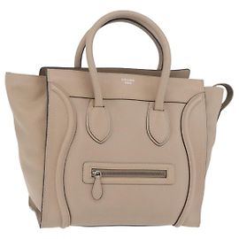 Céline Bolso de mano CELINE Luggage Micro Shopper de piel Beige Silver Auth 206453A