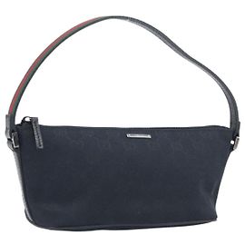 GUCCI GG Canvas Web Sherry Line Pouch Schwarz Silber 141809 Auth am12736V