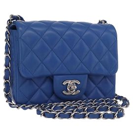 Bolsa de ombro CHANEL Chain Mini Matelasse em pele de cordeiro azul prateado CC Auth 167777SM