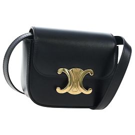 Céline CELINE Triomphe Shoulder Pouch Couro Preto Ouro Auth LN079M