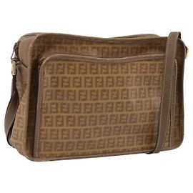 Bolsa de Ombro FENDI Zucchino Canvas Lona Revestida Beige Gold Auth 207445