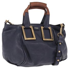 Chloé Chloe Etel Hand Bag Leather 2way Navy Gold Auth 206768