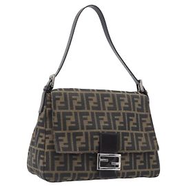 FENDI Zucca Canvas Mamma Baguette Schultertasche Schwarz Silber Auth BA16202V