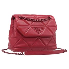 PRADA Chain Shoulder Bag Leather Red Silver Auth 206931V