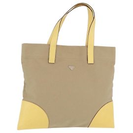 PRADA Hand Bag Canvas Beige Silver Auth 206790A