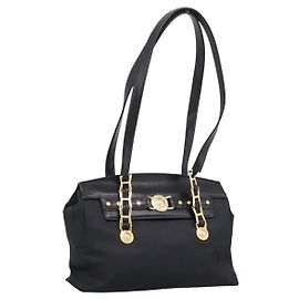 VERSACE Schultertasche Nylon Leder Black Gold Auth 205264
