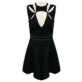 Autre Marque Vestido evasê sem mangas J. Mendel em nylon stretch preto com detalhes recortados e acabamento em couro de cordeiro