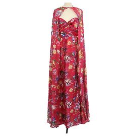 Autre Marque Marchesa Abito Lungo con Mantella e Scollo a Cuore Floreale Fucsia e Multicolor