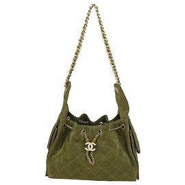 Chanel Khaki Quilted Suede Small 25 Hobo