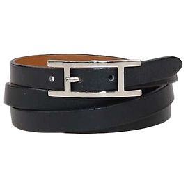 Hermès Bracelete Behapi Double Tour em couro preto Hermes