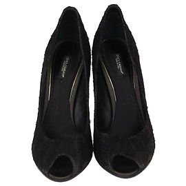 Dolce & Gabbana Black Floral Lace Peep Toe Pumps