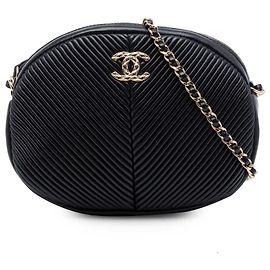 Black Chanel Chevron Lambskin Pleated Oval Camera Bag
