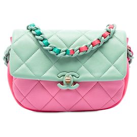 Bolso de hombro Chanel Mini Tricolor de piel de cordero verde con cadena lacada