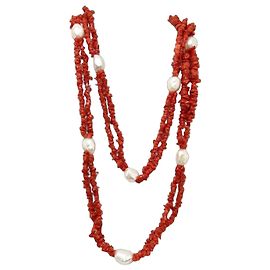 Autre Marque Long collier en corail rouge naturel et perles baroques