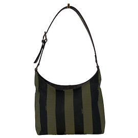 Fendi Bolso de hombro Pequin vintage de lona a rayas negras y verde oliva