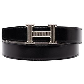 Cinto Reversível Hermès Constance H Guillochee em Swift e Togo Preto