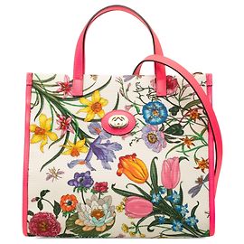 Bolsa Satchel Gucci Flora Média em tela branca
