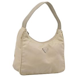 Sac à main pochette PRADA Nylon Beige Silver Auth 206468A